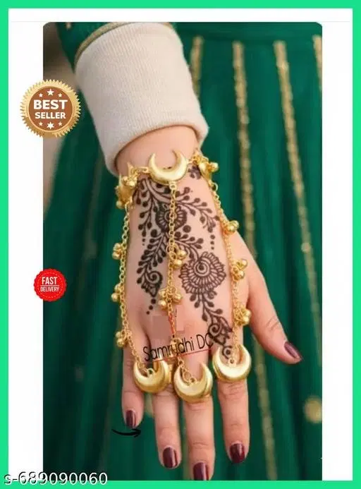 Samridhi 1 Pcs Golden Moon Charm Hand Harness Bracelet with Ring | Boho Mehndi Look Hand Jewellery for Girls & Women