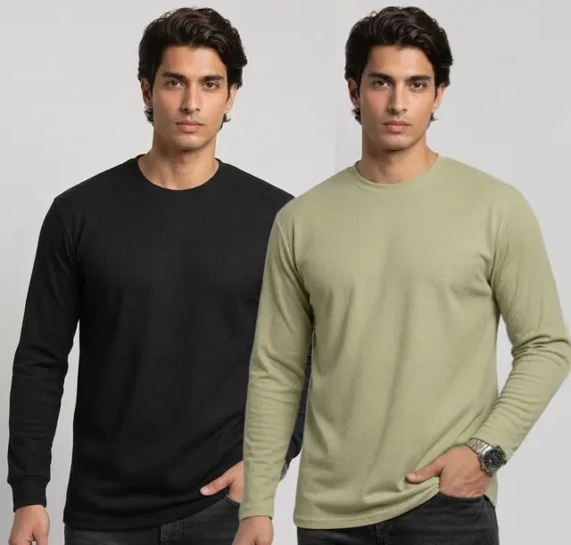 Polyester T-shirt for Men, Black & Pista, Pack of 2 (M)