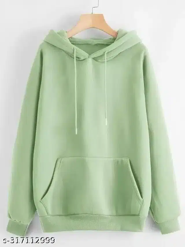 Fleece Solid Full Sleeves Hooded Sweatshirt for Women (Olive, L)