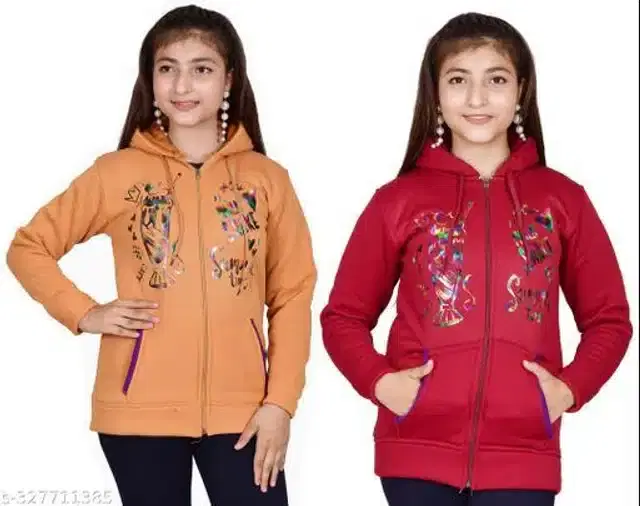 Woolen Full Sleeves Hooded Sweatshirts for Girls, Pack of 2 (Orange & Maroon, 10-11 Years)