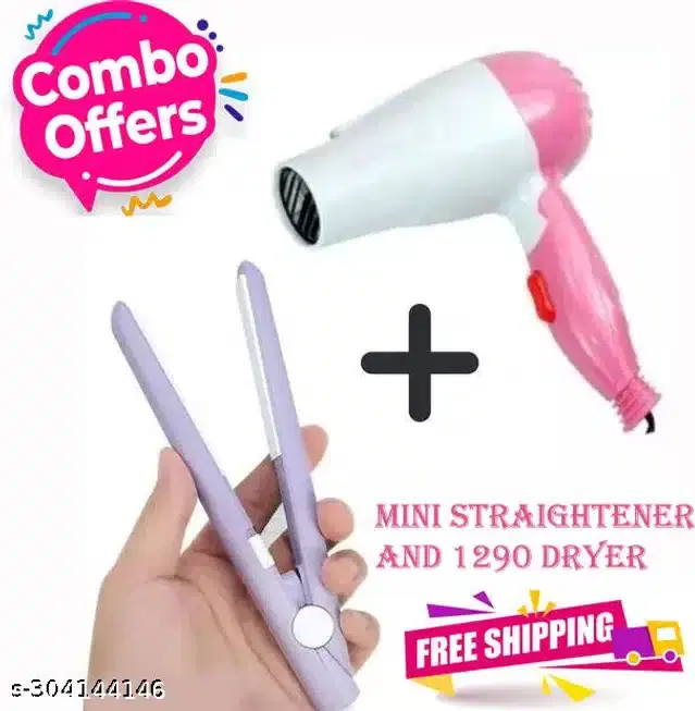 Mini Hair Straightener with Hair Dryer Combo, Multicolor, Set of 2