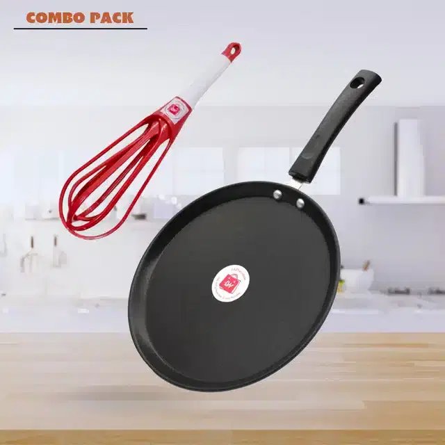 LAZYwindow Nonstick Tawa & Foldable Plastic Whisker Combo, Black, Pack of 2