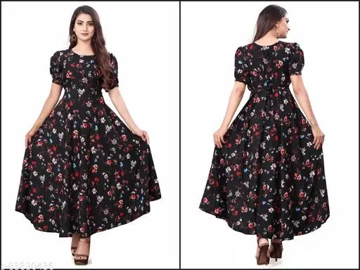 Floral Printed Maxi Gown for Women (Black, S)