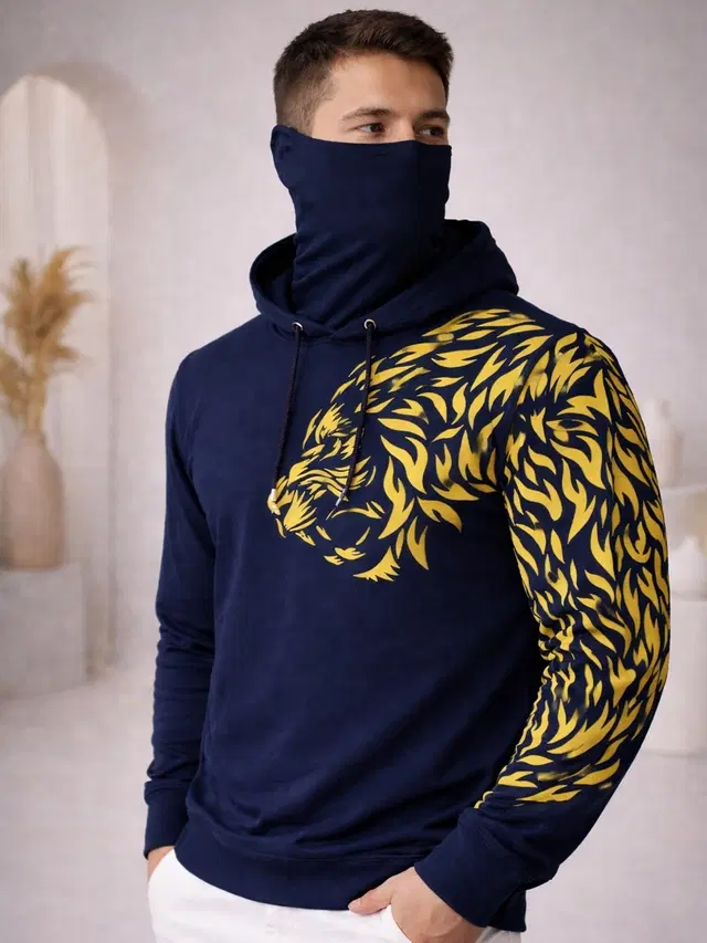 Hooded Printed Cotton Blend T-shirt for Men (Navy Blue, M)