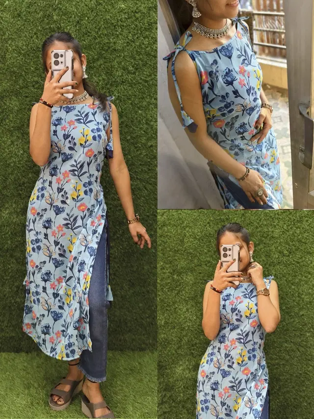 Floral Georgette Tie-Up Kurti for Women (Blue, XS)