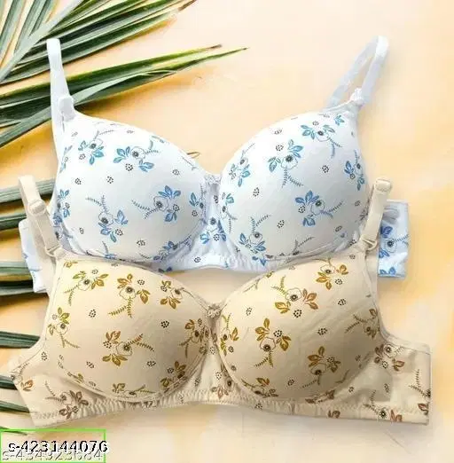 Cotton Blend Printed Bra for Women & Girls, Cream & White, Pack of 2 (32B)