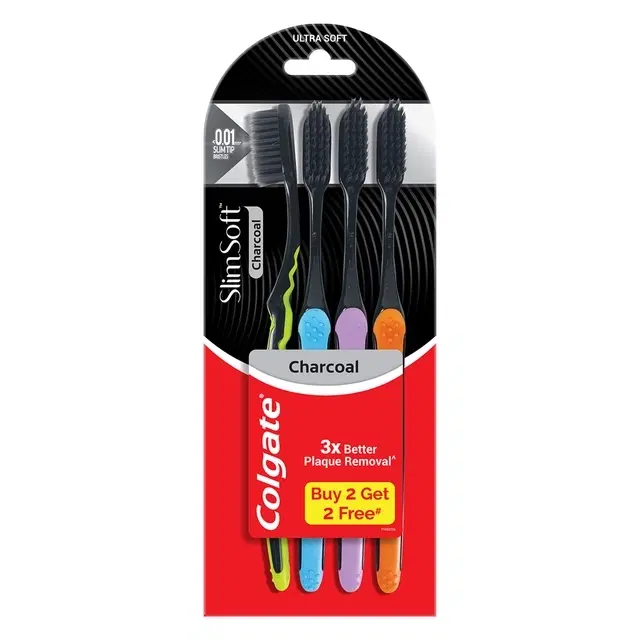 Colgate Slimsoft Charcoal Manual Toothbrush For Adults (Buy 2 Get 2 Free) - 4 Pcs, 17X Slimmer Tip Bristles