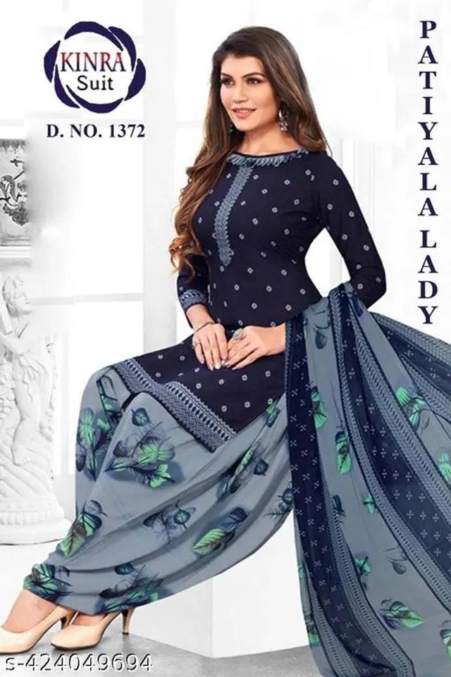 Crepe Printed Unstitched Suits Fabrics for Women (Navy Blue & Grey, 2.25 m)