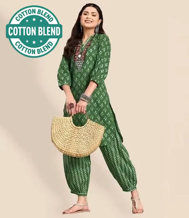 Cotton Blend Printed Women's Kurta with Pant Set, Green (L)