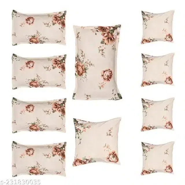 Cotton 5 Cushion Covers with 5 Pillow Covers, Beige, Set of 2