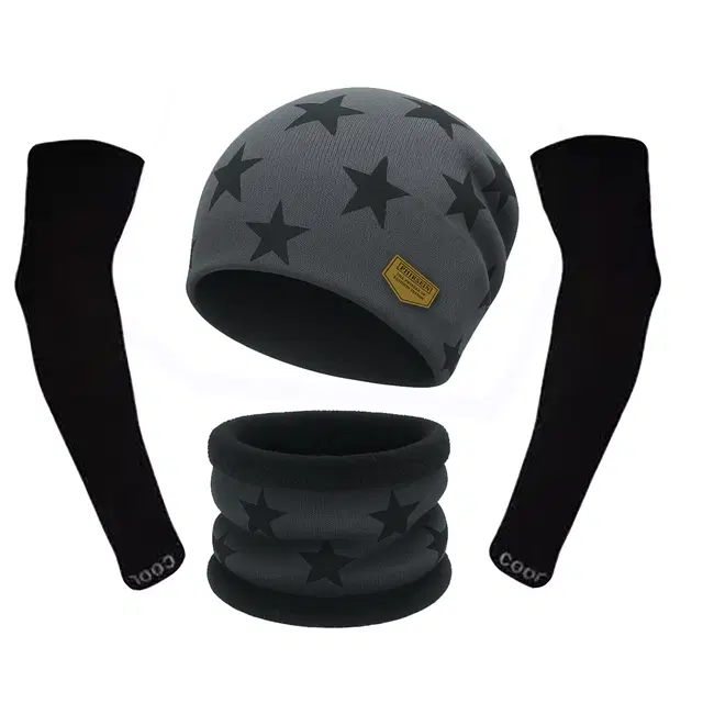 Woolen Printed Cap & Neck Warmer with Arm Sleeves for Men (Grey, Set of 2)