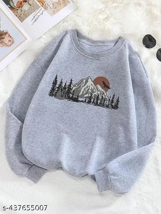 Cotton Blend Printed Sweatshirt for Women (Grey, S)