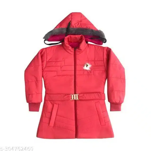 Nylon Full Sleeves Hooded Jacket for Girls (Coral, 0-1 Years)