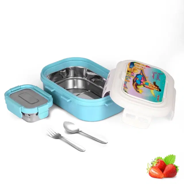 Stainless Steel Insulated 2 Containers Lunch Box with, 2 Pcs Spoons for Kids, 1x600 ml, 1x150 ml, Aqua Blue, Set of 1