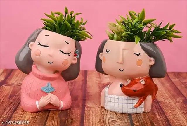 Terracotta Decorative Cute Plant Holders for Home Decor, Multicolor, Pack of 2