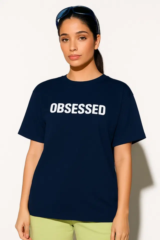 Round Neck Printed T-Shirt for Women, Navy Blue (S)
