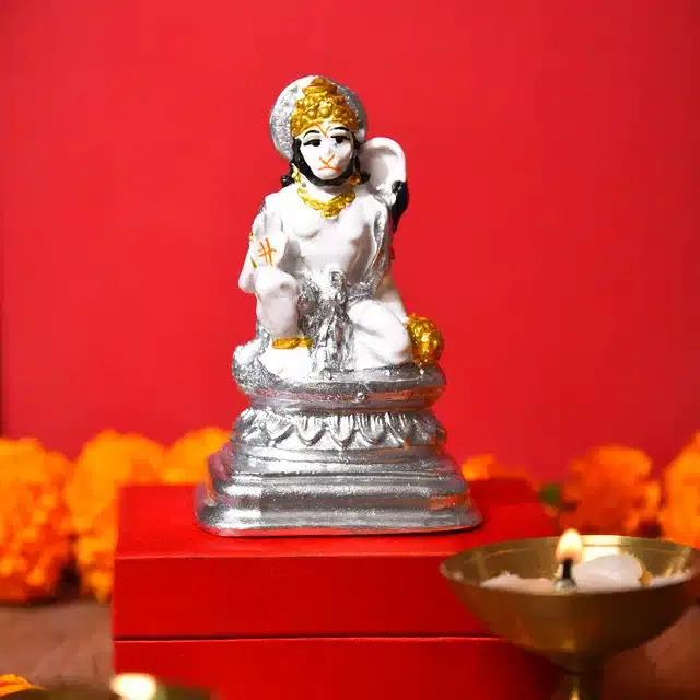 Lord Hanuman Idol, Silver & White, 4 inches