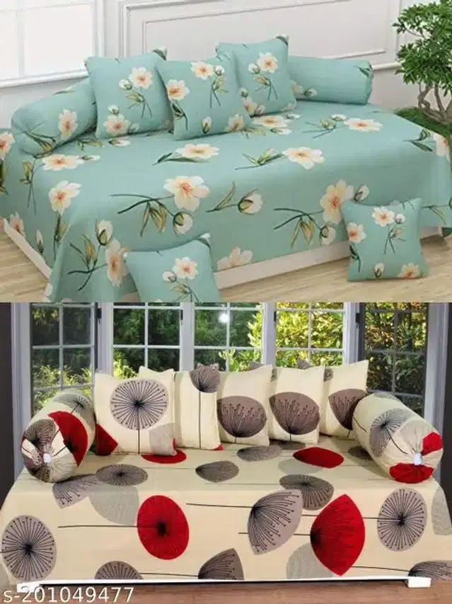 Polycotton Diwan Cover Set, Aqua Green & Beige, Combo of 2