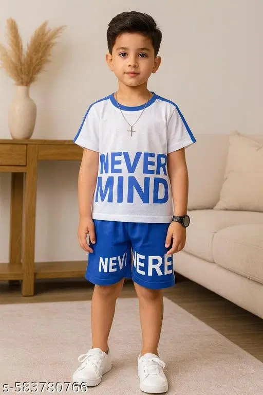 Hosiery Cotton Printed Clothing Set for Kids, White & Blue (0-3 Months)