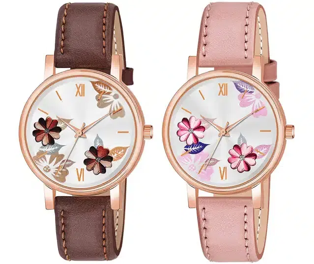 Designer Leather Analog Watch for Women & Girls, Pack of 2 (Brown & Peach)