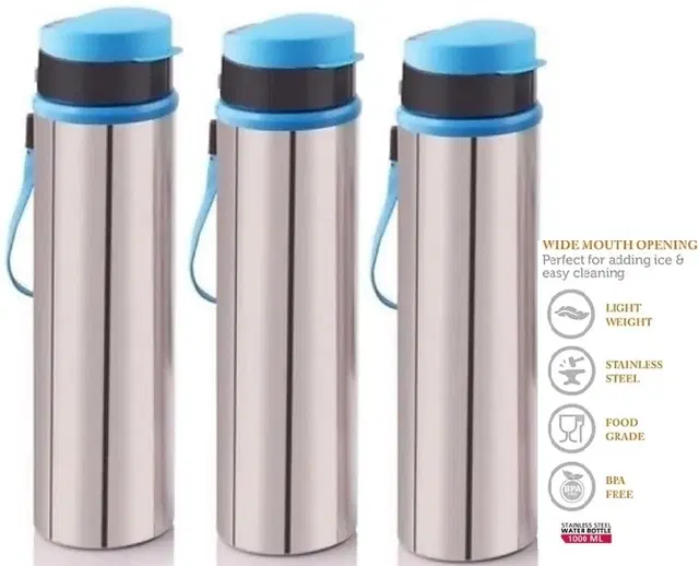 Stainless Steel Water Bottle, Silver & Blue, 900 ml, Pack of 3