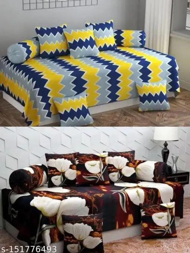 Polycotton Diwan Cover Set, Multicolor, Combo of 2