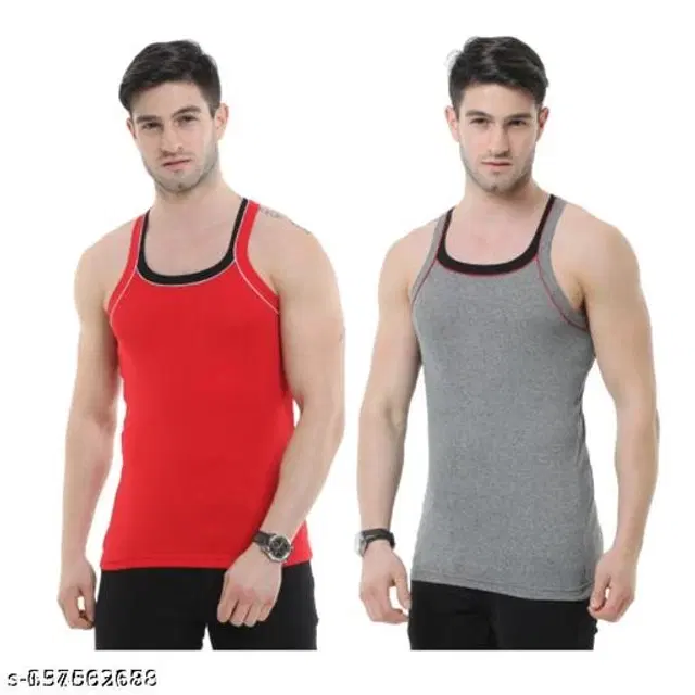 Cotton Vests for Men, Pack of 2 (Red & Grey, M)