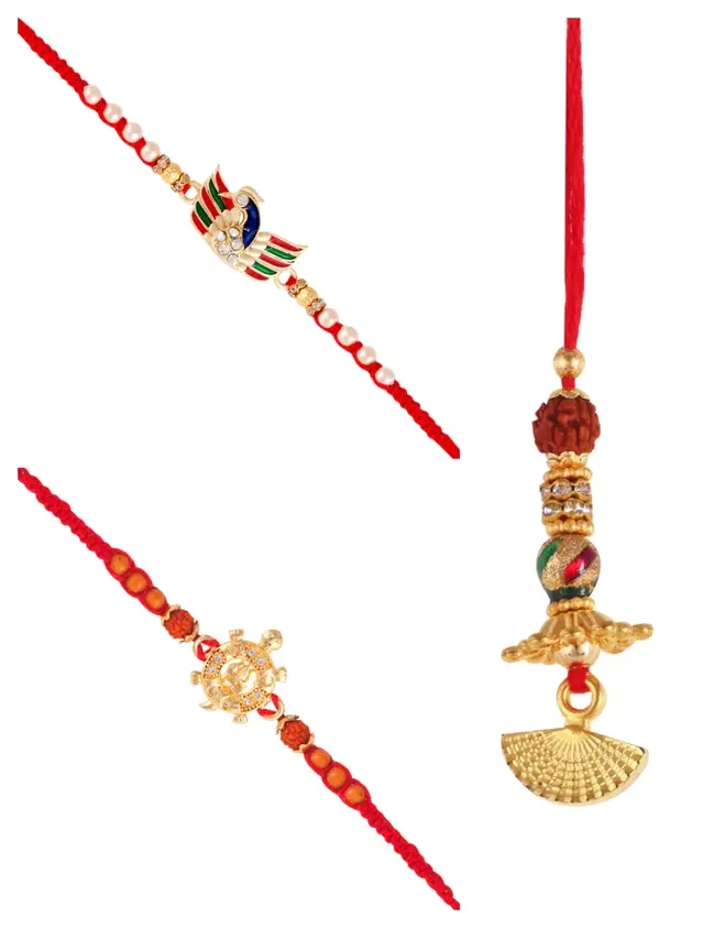 Designer Rakhi with Pearls Lumba for Rakshabandhan, Multicolor, Pack of 3