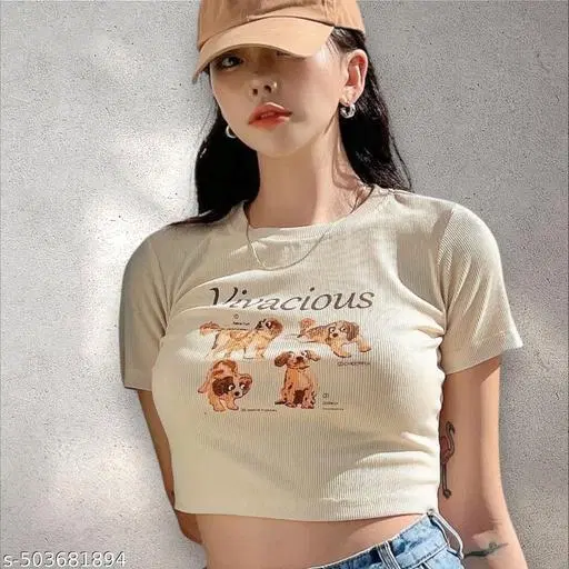 Cotton Blend Printed tops for Women, Black (XS)