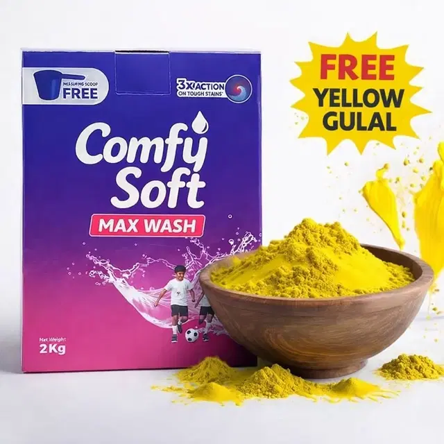 Comfy Soft Max Wash Detergent Powder 2 Kg Box with Mangalbhavan Herbal Yellow Gulal 100g
