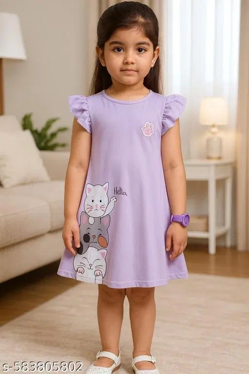 Hosiery Cotton Printed Frock for Girls, Lavender (0-3 Months)