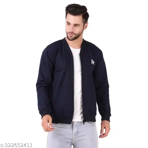 Fleece Solid Jackets for Men (Navy Blue, M)