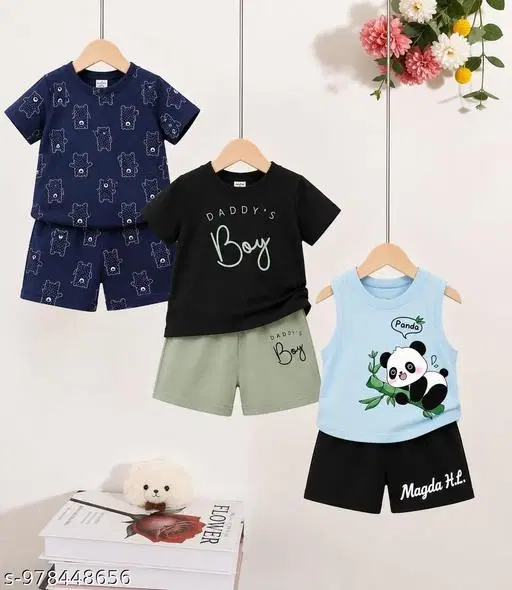 Cotton Top & Bottom Sets for Boys, Pack of 3 (Aqua Blue, 0-3 Months)