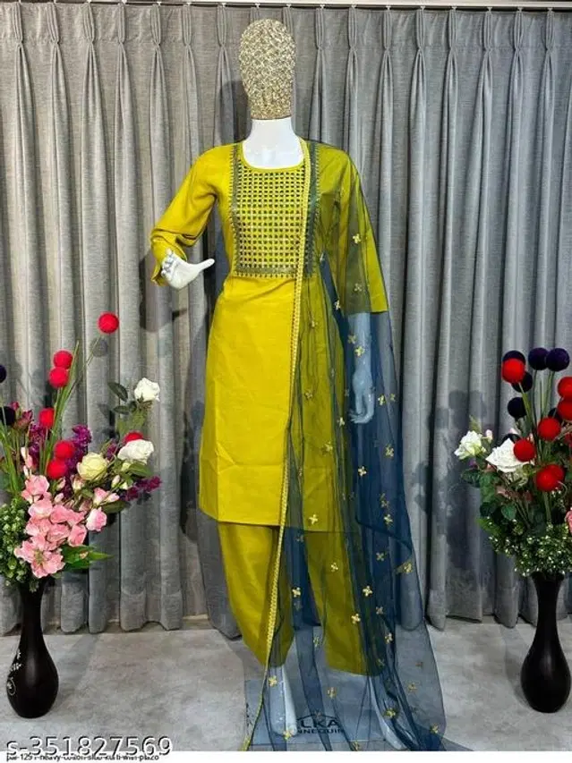 Viscose Rayon Embroidered Kurta with Pant & Dupatta for Women (Multicolor, S)