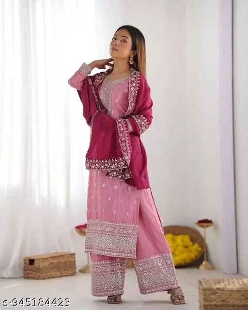 Palazzo Suit With Embroidery and Dupatta for Women (Pink, S)