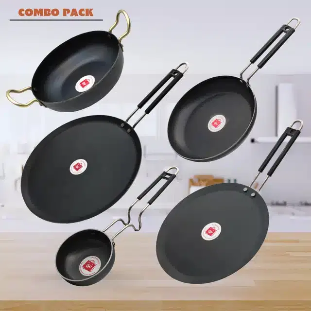 Frying Pan & Tawa Set, Pack of 5, Black, 1000 ml