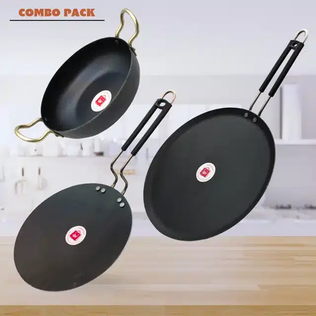 LAZYwindow Iron Deep Bottom Kadai with Insulated Handle Tawa Combo, Black, Pack of 3