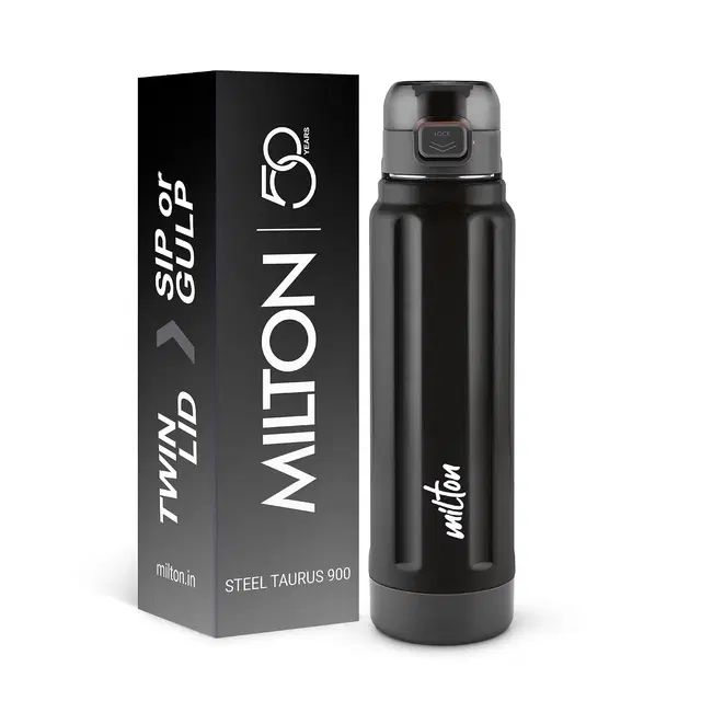 Milton Taurus 900 Steel Thermoware, Inner Stainless Steel, PU Insulated, Leak Proof Water Bottle for School Kids, Office, Gym, Easy to Carry Handle, 665 ml, Black