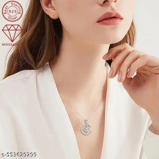 Sparkling Cubic Zirconia Sterling Silver Moon and Star Pendant Necklace