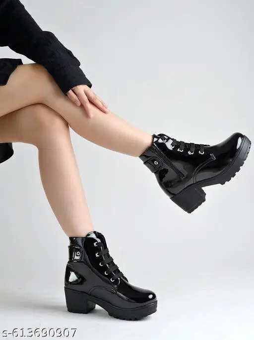 Shoetopia Solid Patent Leather Heeled Boots Black (IND-6)