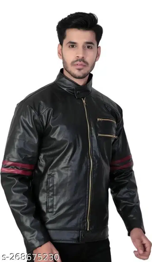 Synthetic Leather Full Sleeves Solid Jacket for Men (Black, L)