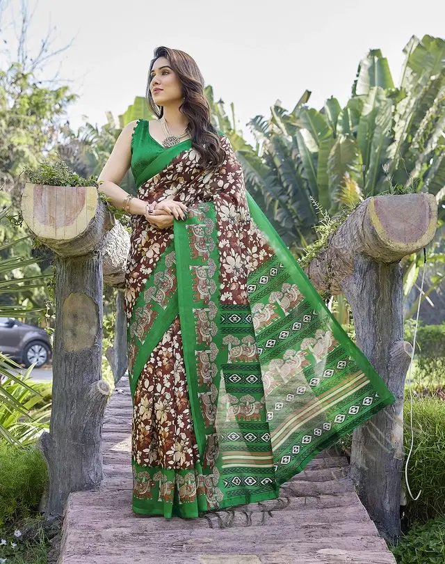 Kalamkari Printed Assam Silk Saree with Blouse for Women (Brown, Free Size)