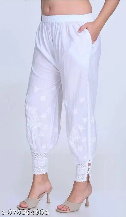 Floral Embroidered Salwar for Women (White, M)
