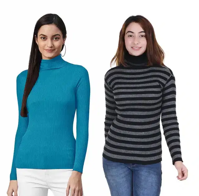 Full Sleeves Solid Sweater for Women, Pack of 2 (Aqua Blue & Grey, S)