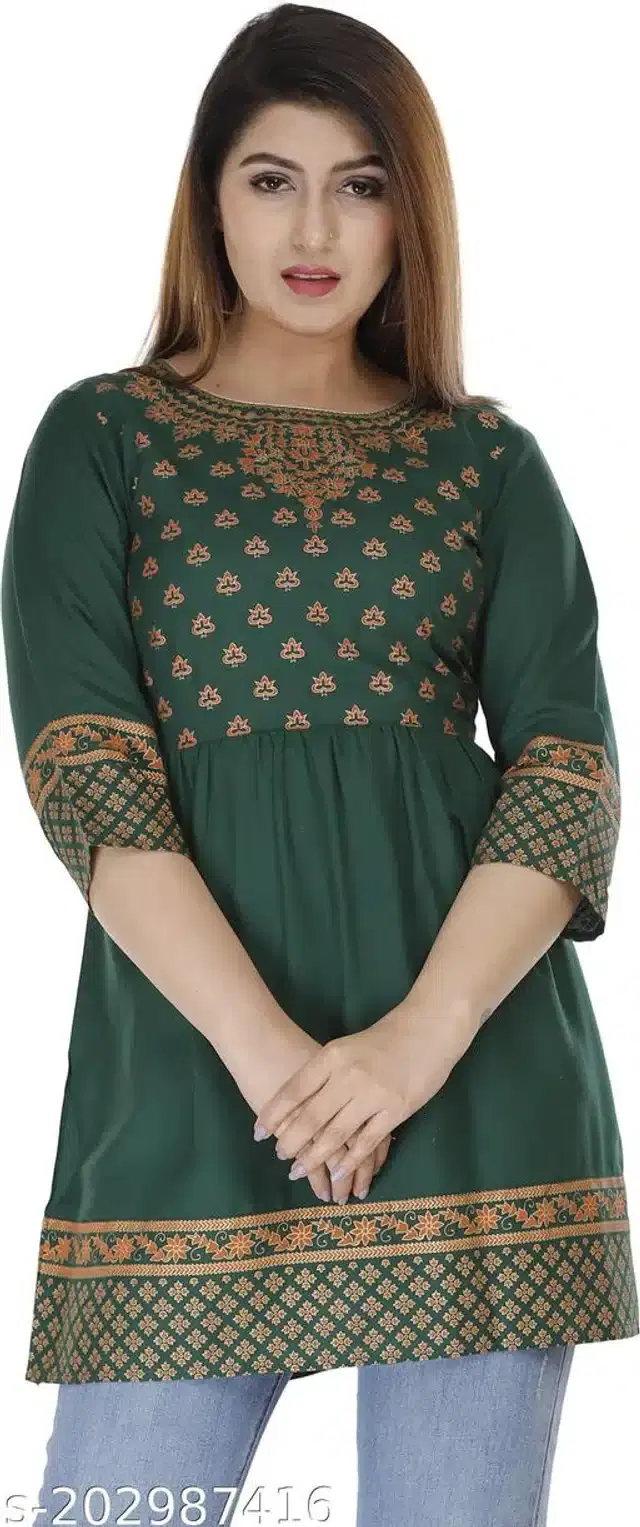 Viscose Rayon Printed Kurti for Women (Green, S)