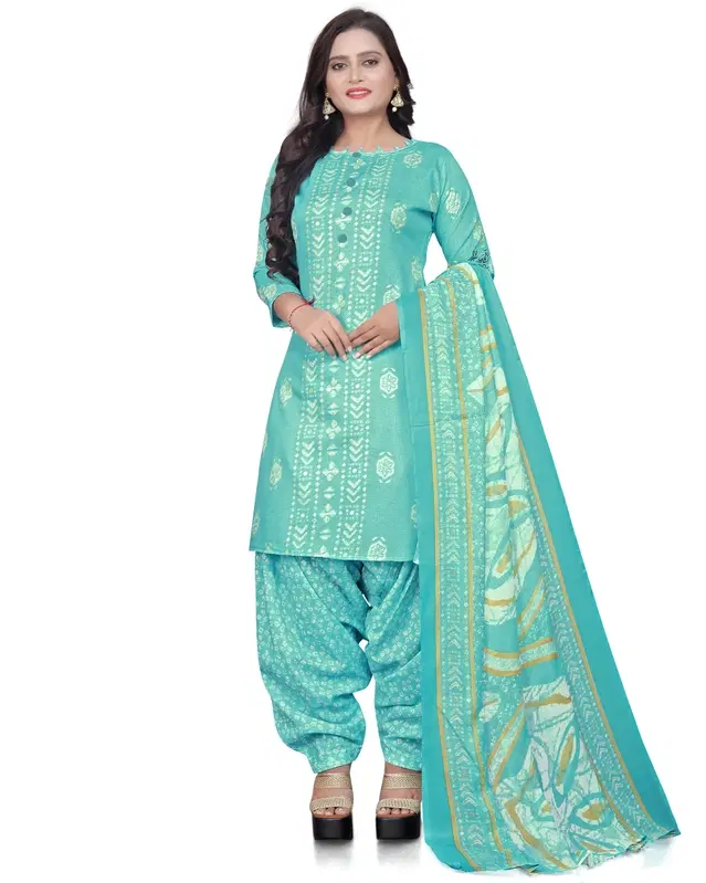 Cotton Blend Printed Unstitched Suit with Dupatta for Women, Green