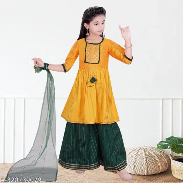 Dupion Silk Kurta Sets for Girls (Yellow & Green, 2-3 Years)
