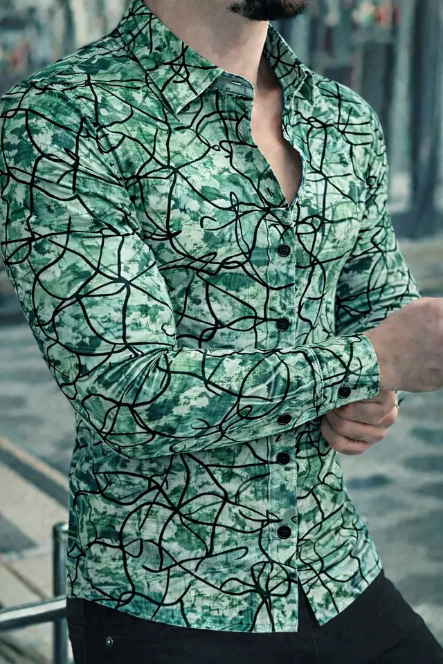 Lycra Geometric Print Shirt for Men, Green (S)
