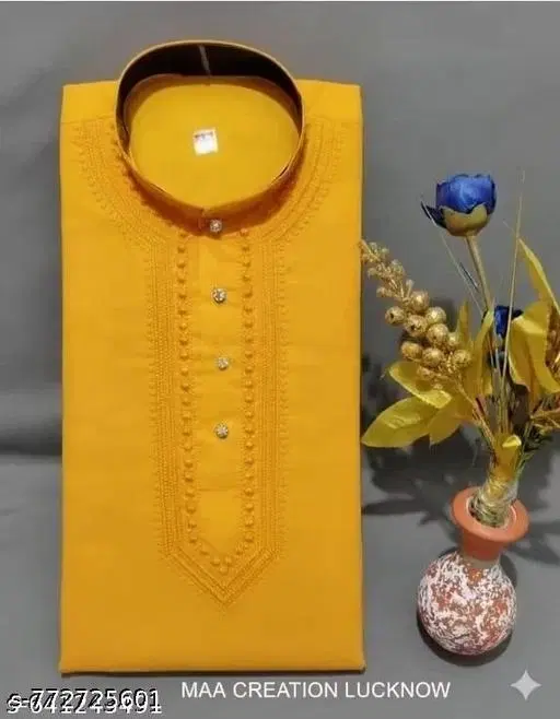 Cotton Kurta Set for Men (Yellow, M)