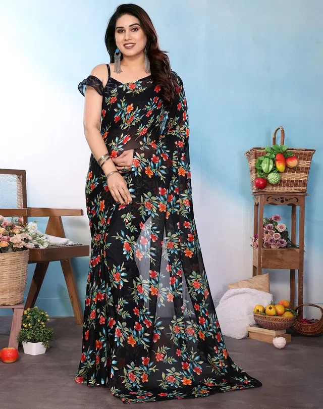 Leheriya Printed Saree for Women (Black, Free Size)